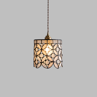 Contemporary Nordic Cylindrical Hollowed-Out Flower Copper Glass 1-Light Pendant Light For Living Room