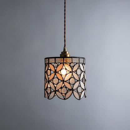 Contemporary Nordic Cylindrical Hollowed-Out Flower Copper Glass 1-Light Pendant Light For Living Room