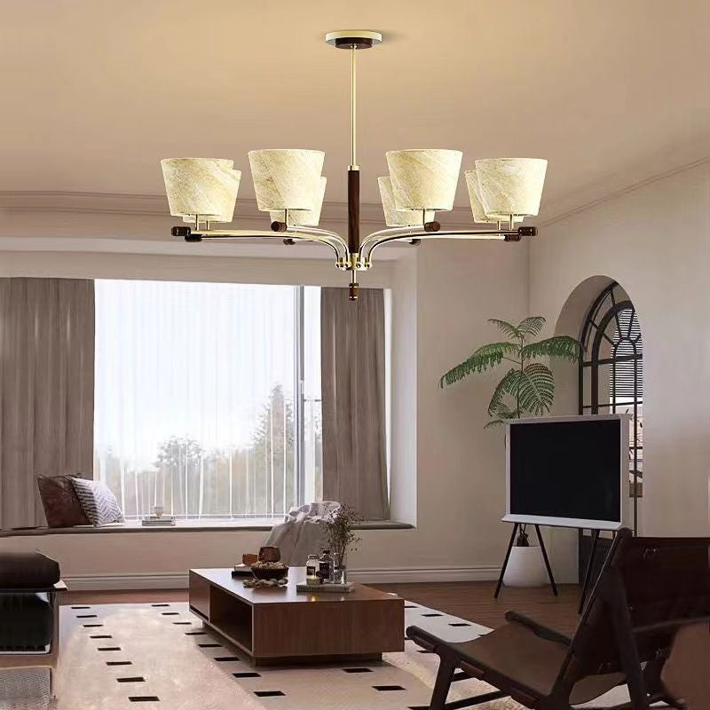 Traditional Vintage Bowl-Shaped Brass Walnut Fabric 6/8/10-Light Chandelier For Living Room