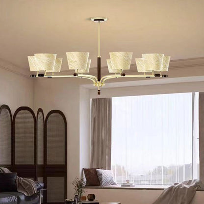 Traditional Vintage Bowl-Shaped Brass Walnut Fabric 6/8/10-Light Chandelier For Living Room