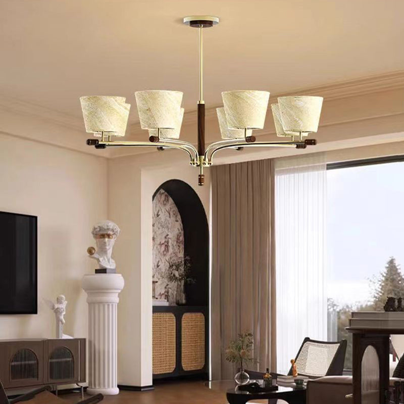 Traditional Vintage Bowl-Shaped Brass Walnut Fabric 6/8/10-Light Chandelier For Living Room