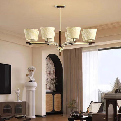 Traditional Vintage Bowl-Shaped Brass Walnut Fabric 6/8/10-Light Chandelier For Living Room