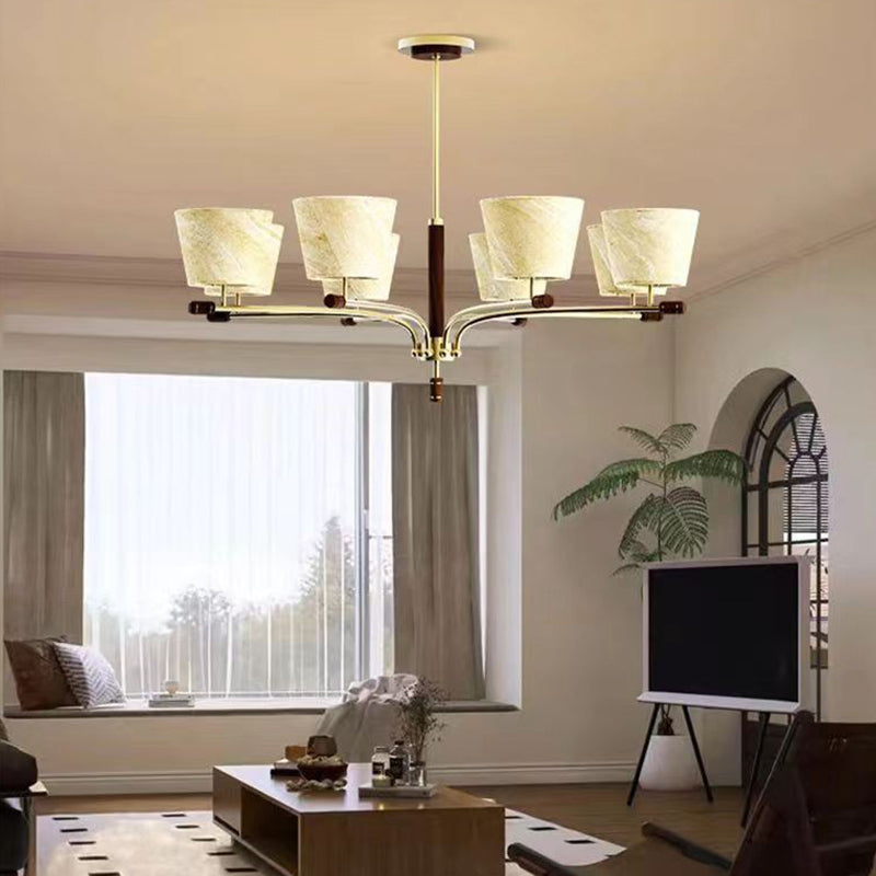 Traditional Vintage Bowl-Shaped Brass Walnut Fabric 6/8/10-Light Chandelier For Living Room