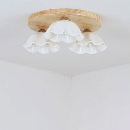 Contemporary Scandinavian Flower Rubberwood Ceramic 3/5-Light Semi-Flush Mount Light For Entryway