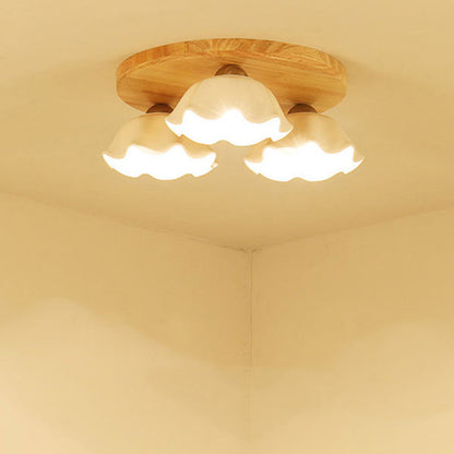 Contemporary Scandinavian Flower Rubberwood Ceramic 3/5-Light Semi-Flush Mount Light For Entryway