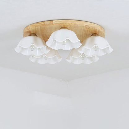 Contemporary Scandinavian Flower Rubberwood Ceramic 3/5-Light Semi-Flush Mount Light For Entryway