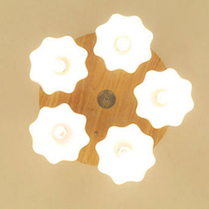 Contemporary Scandinavian Flower Rubberwood Ceramic 3/5-Light Semi-Flush Mount Light For Entryway