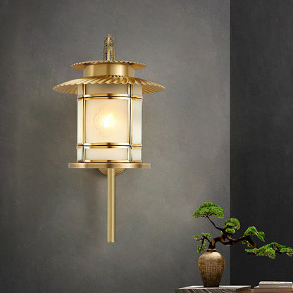 Traditional Chinese Eave Lantern Copper Soldered Glass 1-Light Wall Sconce Lamp For Hallway