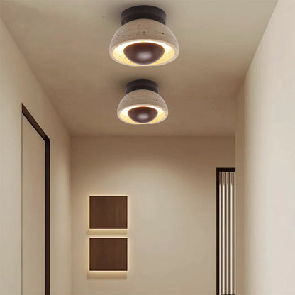 Traditional Japanese Oval Round Wood Yellow Travertine LED Semi-Flush Mount Ceiling Light For Entryway
