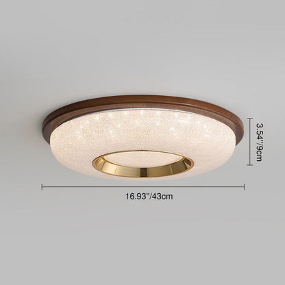 Traditional Vintage Hollowed-Out Round Rubberwood Acrylic LED Flush Mount Ceiling Light For Bedroom
