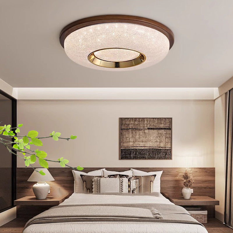 Traditional Vintage Hollowed-Out Round Rubberwood Acrylic LED Flush Mount Ceiling Light For Bedroom