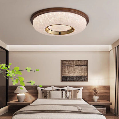 Traditional Vintage Hollowed-Out Round Rubberwood Acrylic LED Flush Mount Ceiling Light For Bedroom
