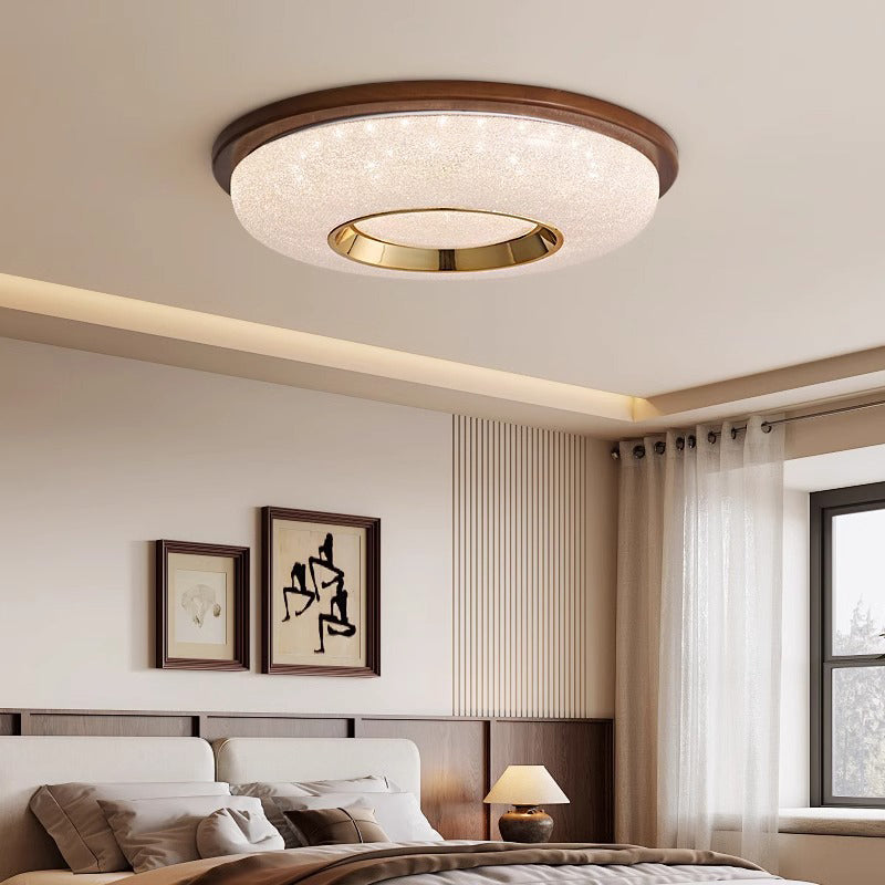 Traditional Vintage Hollowed-Out Round Rubberwood Acrylic LED Flush Mount Ceiling Light For Bedroom