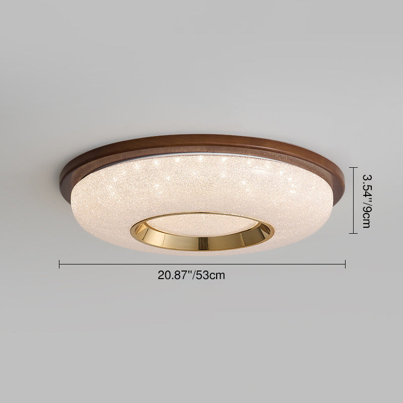 Traditional Vintage Hollowed-Out Round Rubberwood Acrylic LED Flush Mount Ceiling Light For Bedroom