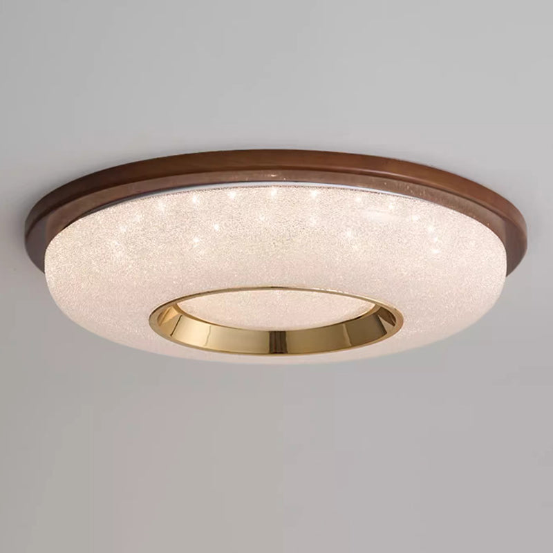Traditional Vintage Hollowed-Out Round Rubberwood Acrylic LED Flush Mount Ceiling Light For Bedroom