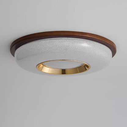 Traditional Vintage Hollowed-Out Round Rubberwood Acrylic LED Flush Mount Ceiling Light For Bedroom