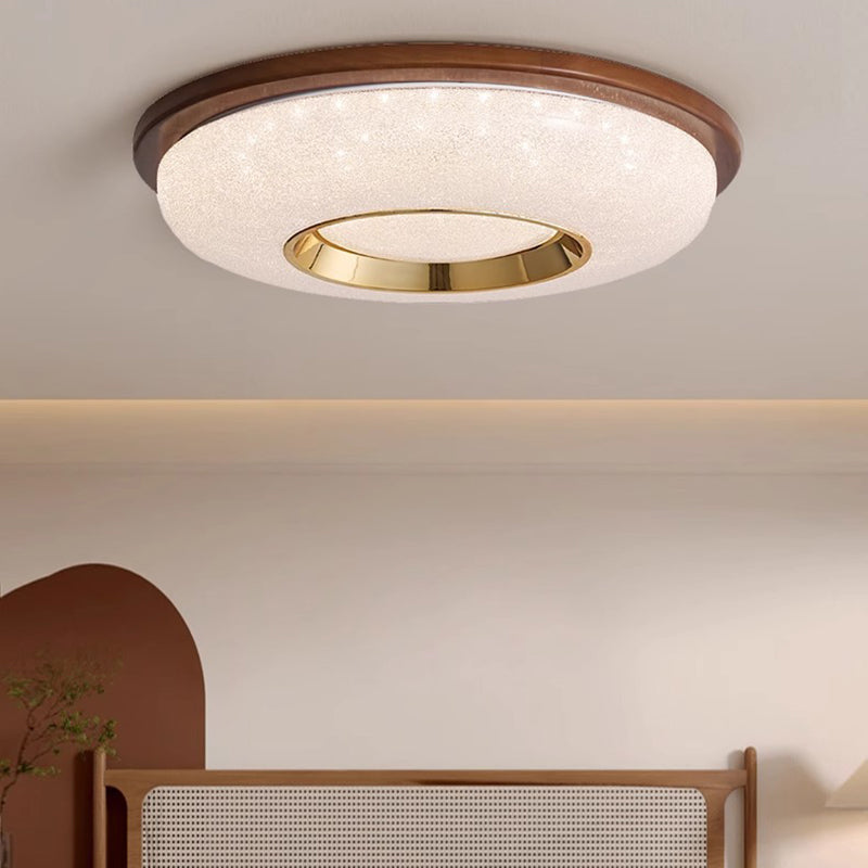 Traditional Vintage Hollowed-Out Round Rubberwood Acrylic LED Flush Mount Ceiling Light For Bedroom
