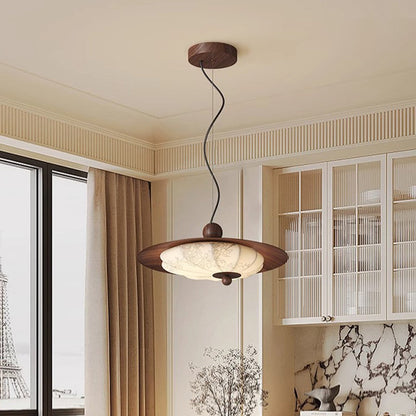 Traditional Chinese Decorative Design Flying Disc Iron Wood Fabric LED Pendant Light For Bedroom