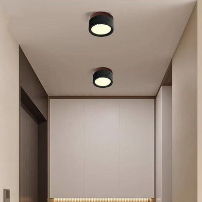 Modern Minimalist Round Solid Wood Yellow Travertine LED Flush Mount Ceiling Light For Entryway