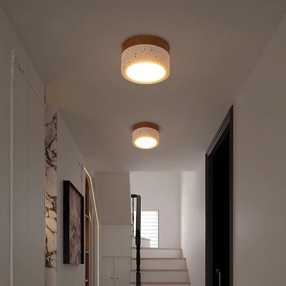 Modern Minimalist Round Solid Wood Yellow Travertine LED Flush Mount Ceiling Light For Entryway