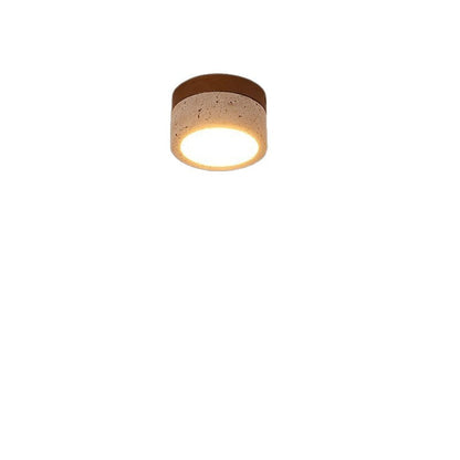 Modern Minimalist Round Solid Wood Yellow Travertine LED Flush Mount Ceiling Light For Entryway