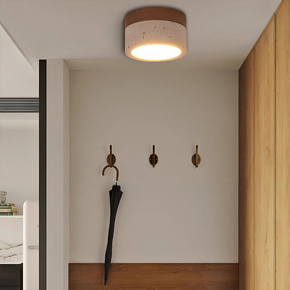 Modern Minimalist Round Solid Wood Yellow Travertine LED Flush Mount Ceiling Light For Entryway