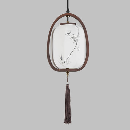 Traditional Chinese Oval Lantern Ash Wood Fabric Hardware 1-Light Pendant Light For Living Room