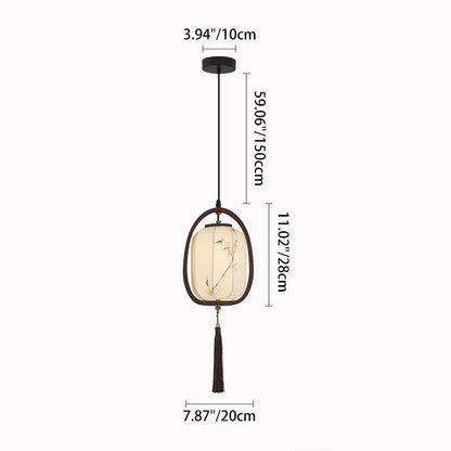 Traditional Chinese Oval Lantern Ash Wood Fabric Hardware 1-Light Pendant Light For Living Room