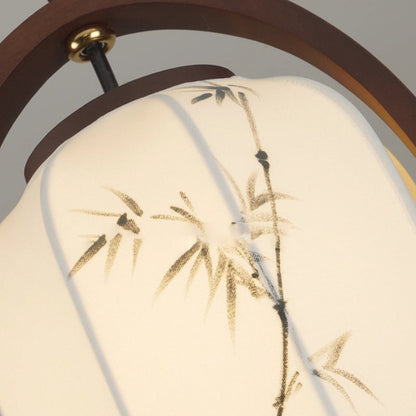 Traditional Chinese Oval Lantern Ash Wood Fabric Hardware 1-Light Pendant Light For Living Room