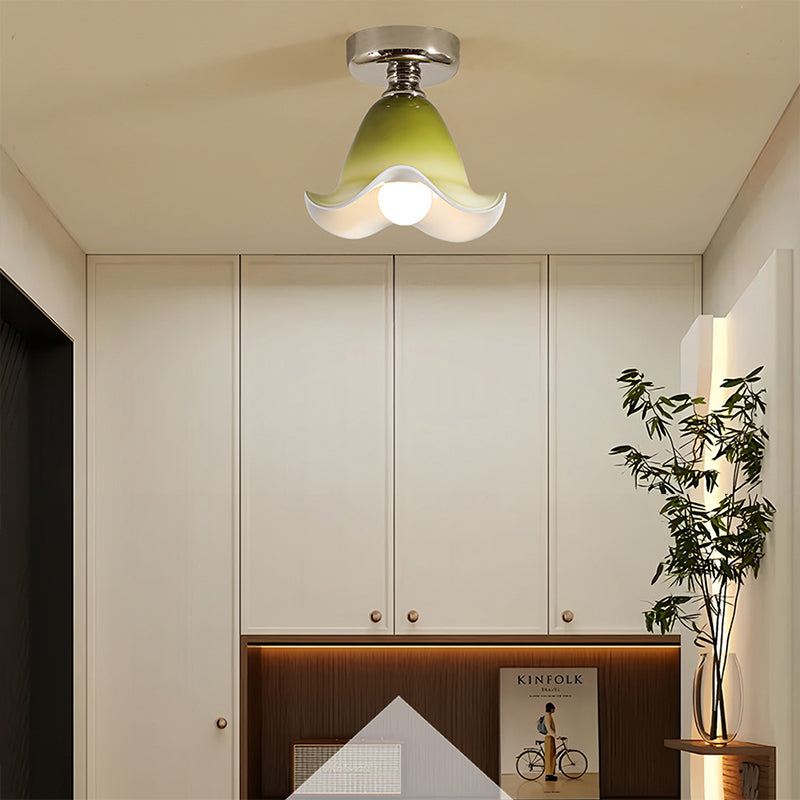 Traditional French Flower Iron Glass 1-Light Semi-Flush Mount Ceiling Light For Hallway