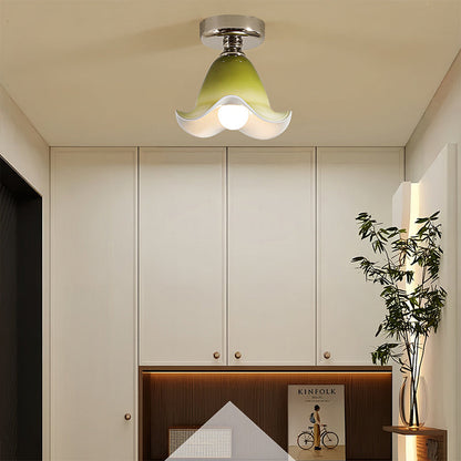 Traditional French Flower Iron Glass 1-Light Semi-Flush Mount Ceiling Light For Hallway