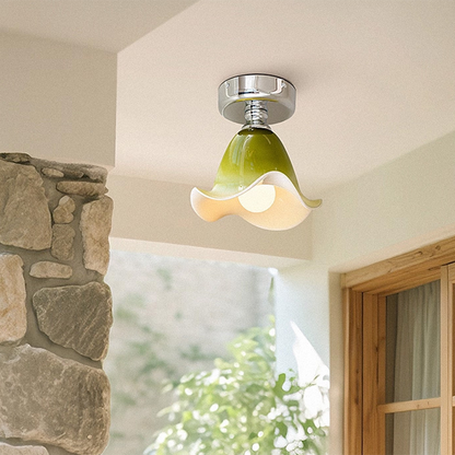 Traditional French Flower Iron Glass 1-Light Semi-Flush Mount Ceiling Light For Hallway