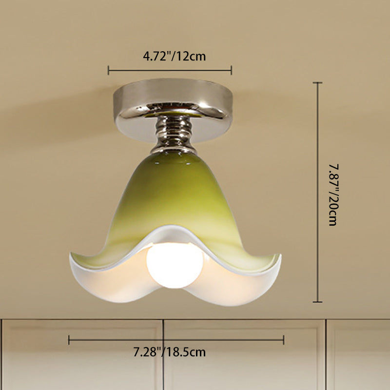 Traditional French Flower Iron Glass 1-Light Semi-Flush Mount Ceiling Light For Hallway