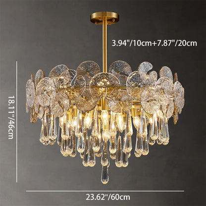 Traditional Luxury Round Teardrop Crystal Copper Glass 6/9/12-Light Chandelier For Living Room