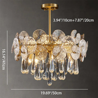 Traditional Luxury Round Teardrop Crystal Copper Glass 6/9/12-Light Chandelier For Living Room