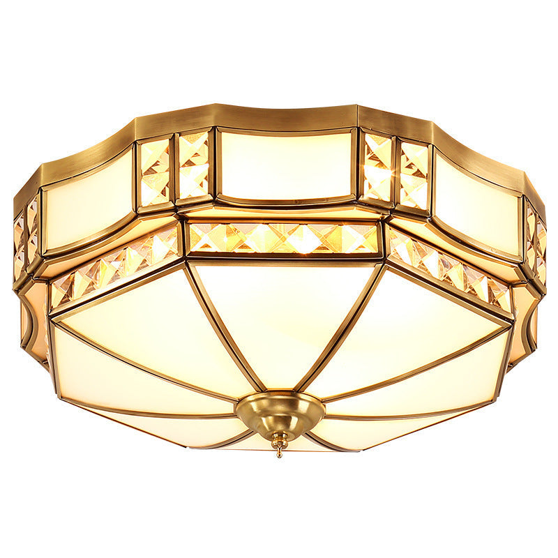 Traditional European Copper Glass Crystal Round 3/4/6 Light Flush Mount Lighting For Living Room