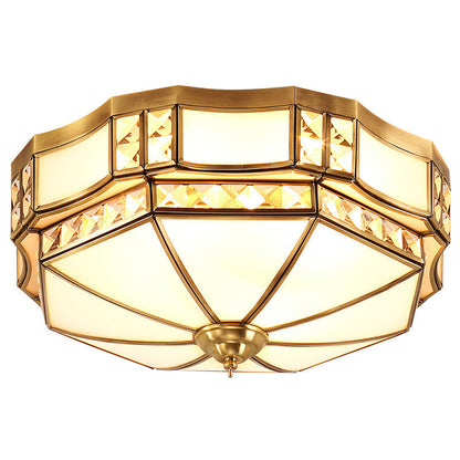 Traditional European Copper Glass Crystal Round 3/4/6 Light Flush Mount Lighting For Living Room