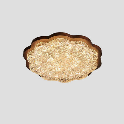 Contemporary Retro Iron Stainless Steel Gold Foil Resin Flower LED Flush Mount Ceiling Light For Bedroom