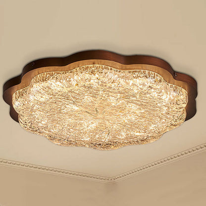 Contemporary Retro Iron Stainless Steel Gold Foil Resin Flower LED Flush Mount Ceiling Light For Bedroom