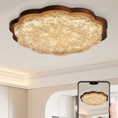 Contemporary Retro Iron Stainless Steel Gold Foil Resin Flower LED Flush Mount Ceiling Light For Bedroom