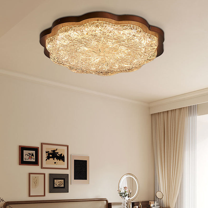 Contemporary Retro Iron Stainless Steel Gold Foil Resin Flower LED Flush Mount Ceiling Light For Bedroom