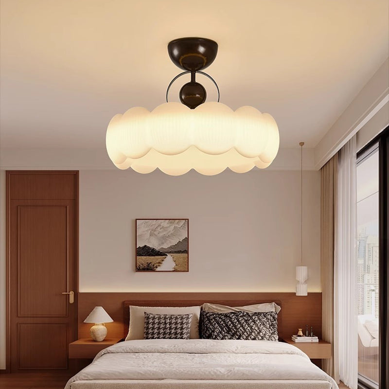 Traditional French Iron PE Wood Round Flower LED Semi-Flush Mount Lighting For Bedroom