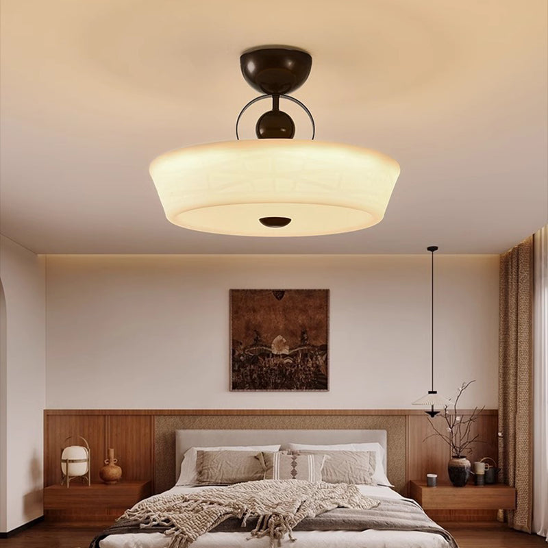 Traditional French Iron PE Wood Round Flower LED Semi-Flush Mount Lighting For Bedroom