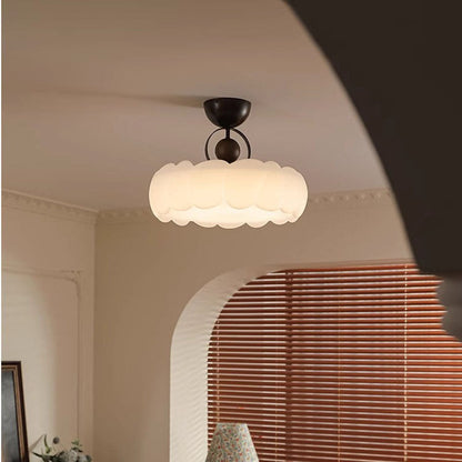 Traditional French Iron PE Wood Round Flower LED Semi-Flush Mount Lighting For Bedroom