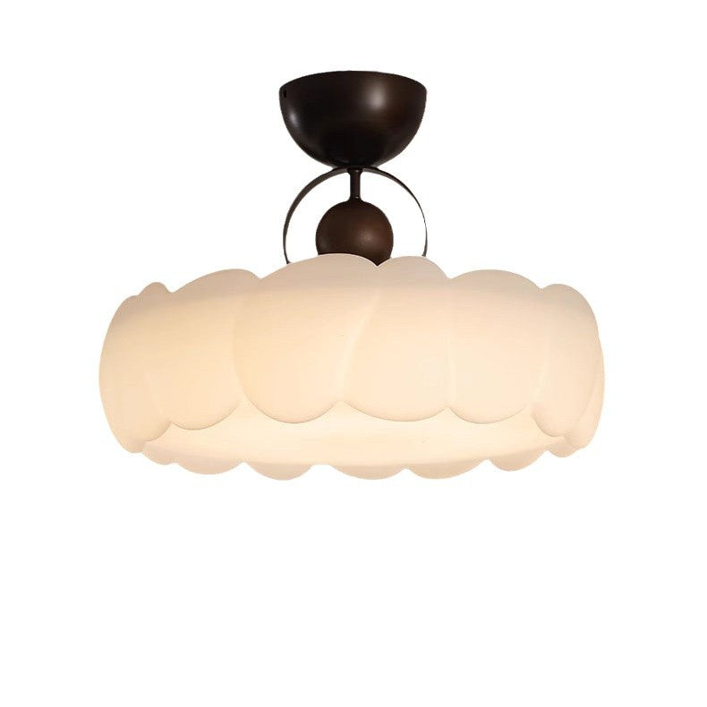 Traditional French Iron PE Wood Round Flower LED Semi-Flush Mount Lighting For Bedroom