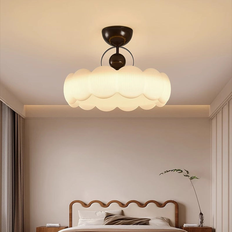 Traditional French Iron PE Wood Round Flower LED Semi-Flush Mount Lighting For Bedroom