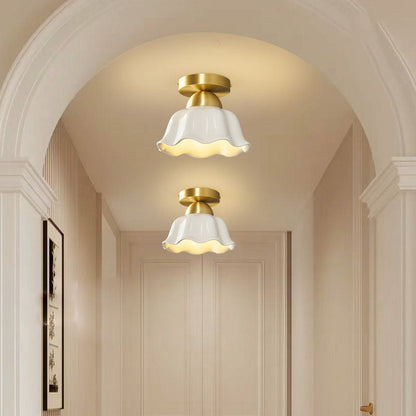 Contemporary Scandinavian Copper Ceramic Flower 1-Light Semi-Flush Mount Ceiling Light For Hallway