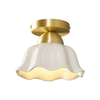 Contemporary Scandinavian Copper Ceramic Flower 1-Light Semi-Flush Mount Ceiling Light For Hallway