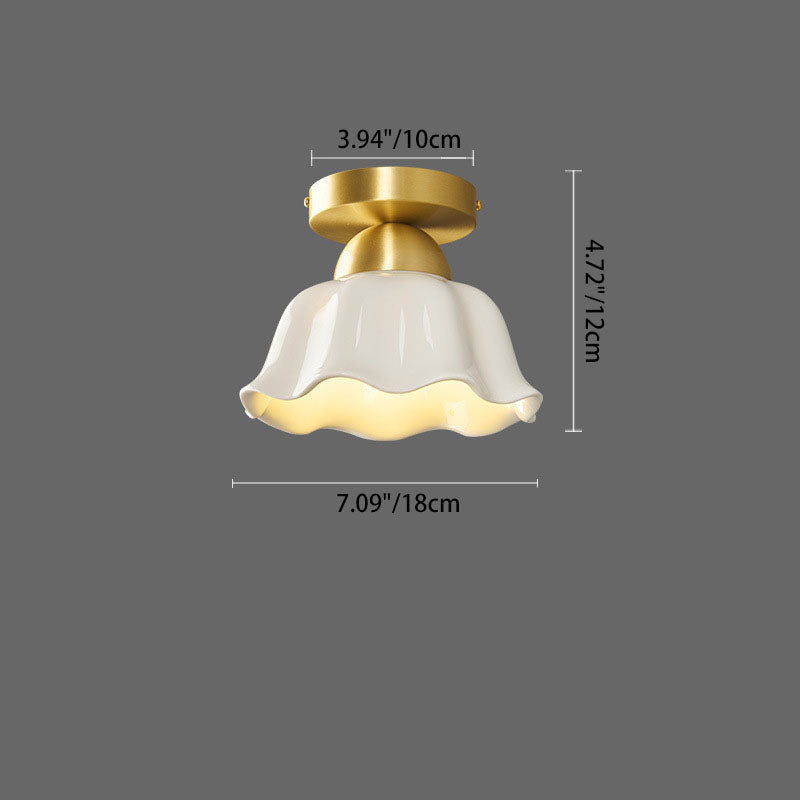 Contemporary Scandinavian Copper Ceramic Flower 1-Light Semi-Flush Mount Ceiling Light For Hallway