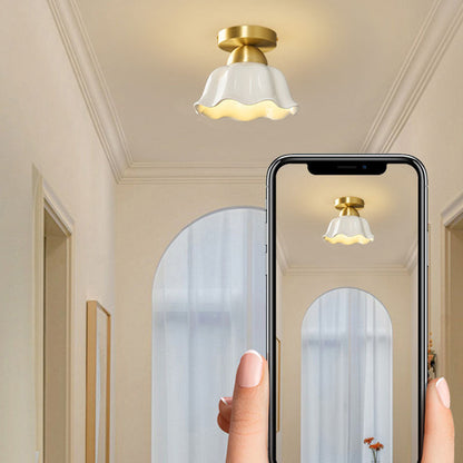 Contemporary Scandinavian Copper Ceramic Flower 1-Light Semi-Flush Mount Ceiling Light For Hallway